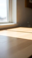 Warm sunlight streams across a wooden surface near a window frame