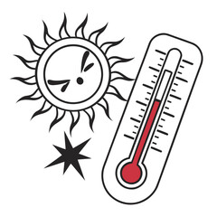 Vector art of cartoon illustration of an angry sun with a thermometer indicating high temperature, a visual representation of extreme heat and discomfort