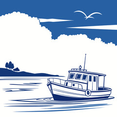 Vector art of fishing boat on the sea with clouds and birds, a serene nautical scene evoking travel, adventure, and the tranquility of a coastal vacation