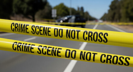 Yellow crime scene tape cordons off an area, with a blurred scene in the background.