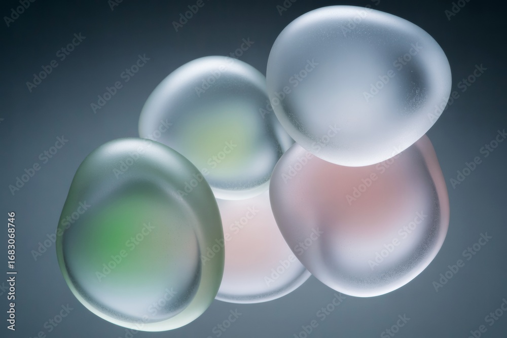 Wall mural abstract soft translucent organic shapes with subtle red and green light hues floating against a smo