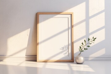 Vertical blank poster frame mockup with wooden border leaning against wall, minimalist style with soft sunlight and shadows on white background. Ai generative