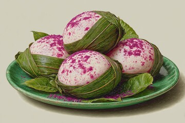 Sweet buns wrapped in leaves.  A still life