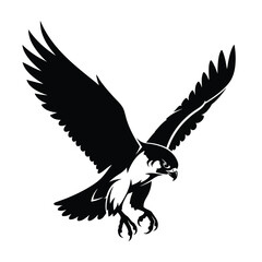Stylized black and white illustration of a flying falcon with wings spread and talons extended.