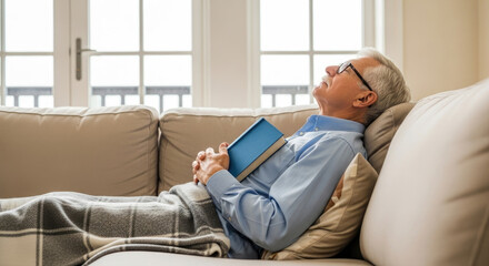 An elderly man relaxes on a sofa with a book in his home, enjoying a moment of peace and quiet.