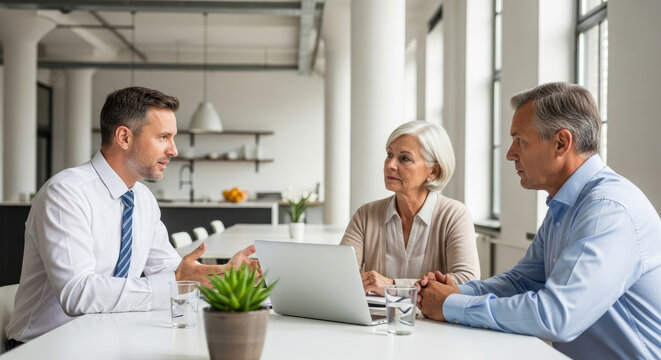 A financial advisor explains a plan to an elderly couple in a modern office.
