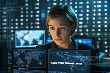 Woman analyzing global threat data at high-tech command center with futuristic digital interface on illuminated background screens in secure facility. Ai generative