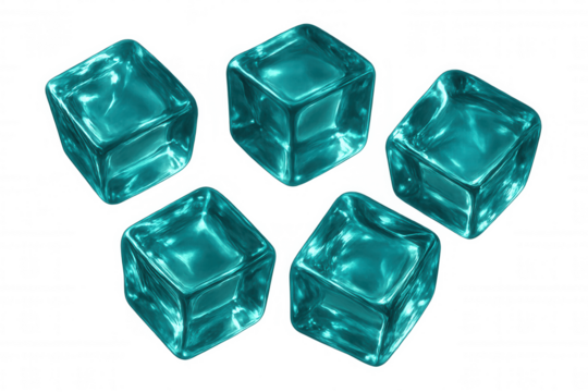 Five turquoise ice cubes are rotating on a transparent background, creating a refreshing and cool visual