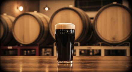 Pint of stout beer stands in brewery with wooden barrels, showcasing traditional brewing heritage and craft atmosphere, plate styled for restaurant, advertising, and culinary magazine use
