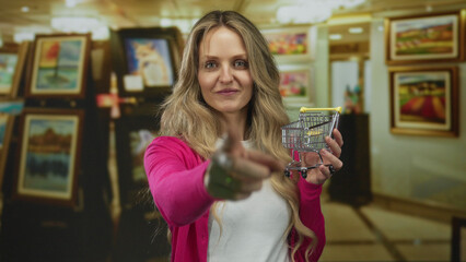 Woman pointing while holding small shopping cart in art gallery with vibrant paintings, expressing enthusiasm in colorful setting.