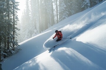 Skier in red jacket carving through deep powder on a snowy mountain slope with pine trees and morning light in the background during winter ride. Ai generative