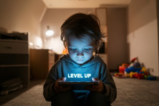Focused child gaming with glowing screen and "LEVEL UP" text in dimly lit room, symbolizing learning and digital growth through playtime fun. Ai generative