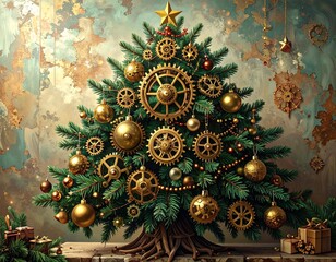 Steampunk Christmas Tree Fantasy Illustration