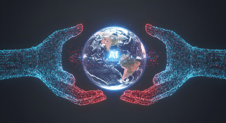 Two digital hands embracing planet earth with AI text. Humanity partnership with artificial intelligence concept. Global tech.