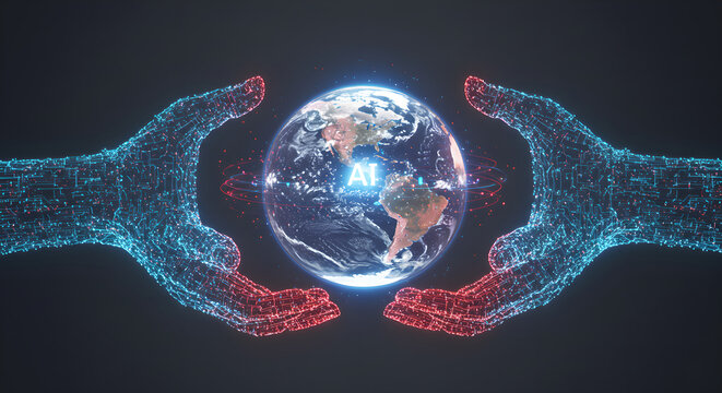 Two digital hands embracing planet earth with AI text. Humanity partnership with artificial intelligence concept. Global tech.