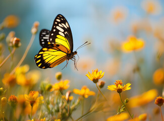 Obraz premium A vibrant photograph of an yellow and black butterfly flying,