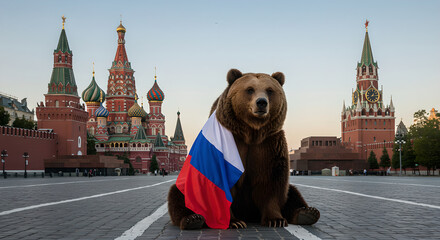 Brown bear sitting on red square with Russian flag against background of Kremlin. Symbol of Russia for politics, travel, and country concept.