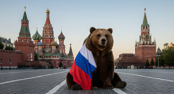 Brown bear sitting on red square with Russian flag against background of Kremlin. Symbol of Russia for politics, travel, and country concept.
