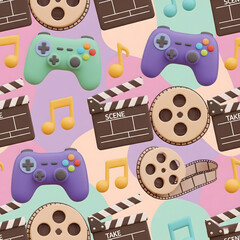 Seamless 3D Pattern of Entertainment Icons