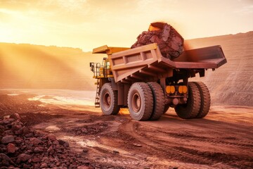 Obraz premium Heavy mining dump truck unloading rocks at sunrise in quarry with dramatic light rays and dusty terrain in industrial excavation concept background. Ai generative