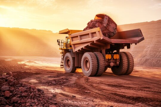 Heavy mining dump truck unloading rocks at sunrise in quarry with dramatic light rays and dusty terrain in industrial excavation concept background. Ai generative - Powered by Adobe