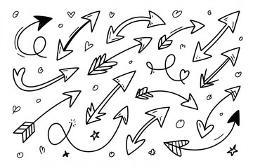 Hand-drawn arrows with various shapes and styles on a white abstract background with hearts, stars, and swirls in playful sketch style. Ai generative