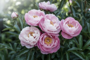 Fototapeta premium Soft pink peony flowers blooming in garden with sunlight and green foliage in the background, captured in a creative and dreamy light style. Ai generative