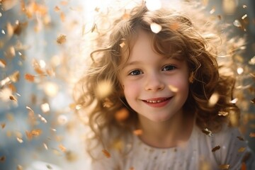 Fototapeta premium Confetti bokeh effect background innocence portrait child.