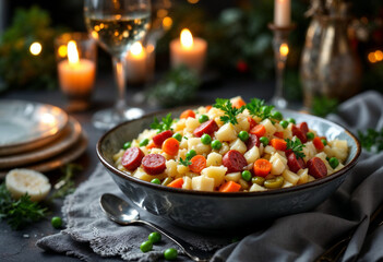 Festive potato salad with sausage peas and carrots at dinner