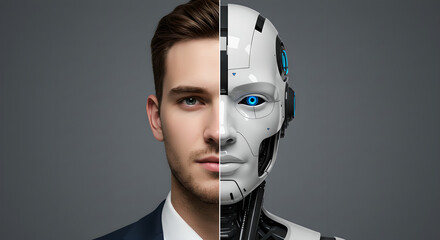 Half face of a man and half of a robot on gray background. Artificial intelligence integration with human brain futuristic concept.
