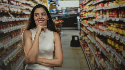 Young woman stands with hand on chin amidst grocery shelves in supermarket building; quiet reflection.