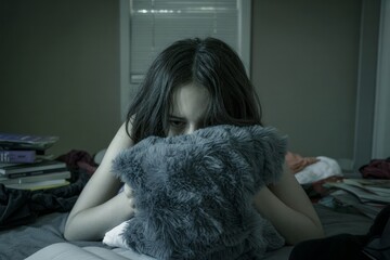 Girl hiding face behind pillow on messy bed, looking sad or stressed in dim light with cluttered background, concept of loneliness and anxiety. Ai generative
