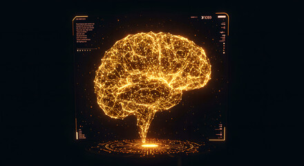Glowing digital brain polygon structure with futuristic hud elements. Artificial intelligence concept for data processing illustration.