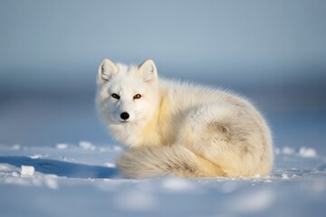 Arctic fox resting on snowy ground with soft light and calm blue background in cold winter wilderness captured in high detail and natural environment. Ai generative