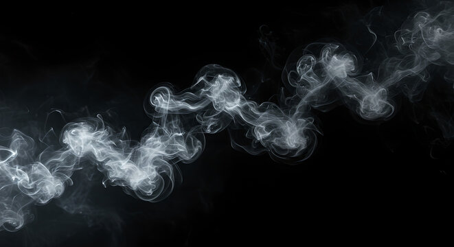 White smoke streak moving across a black background, forming abstract shapes. Element for special effect or texture overlays.