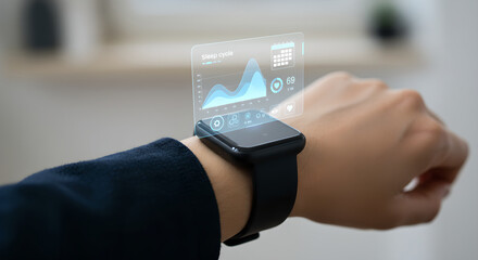 Man with smartwatch displaying sleep cycle graph. Data visualization and health monitoring. Innovative wearable technology.