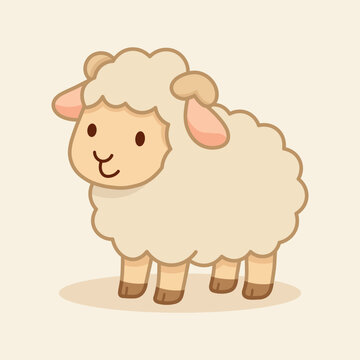 Cute cartoon sheep illustration in fluffy white, perfect for product packaging, labels, web design, banners, book illustrations and art prints with a playful, child-friendly style. 