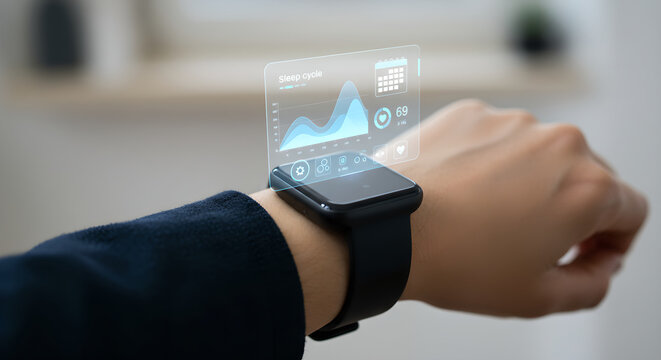 Man with smartwatch displaying sleep cycle graph. Data visualization and health monitoring. Innovative wearable technology.