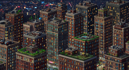 Obraz premium An intricate pixel art illustration of a dense, bustling city at night with illuminated skyscrapers and rooftop gardens.