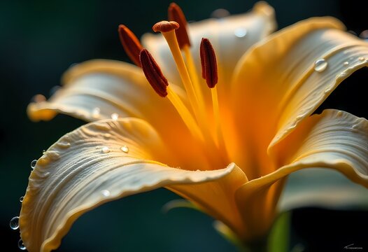 A glistening orange drop of water dripping from a faucet is captured in a macro close-up on a wet wooden surface