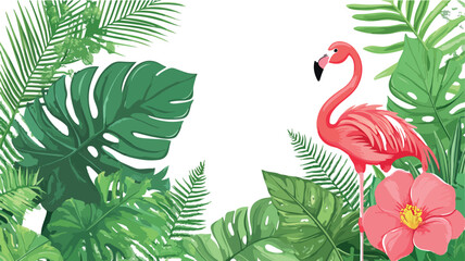 Vibrant pink flamingo stands gracefully amidst lush tropical greenery and exotic flowers