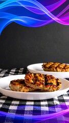 Grilled pork chops on white plates