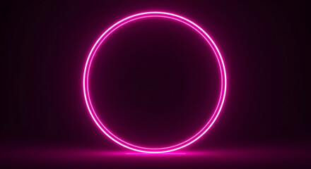 Glowing pink neon circle graphic background. Retro futuristic digital abstract illuminated ring. Modern stage light for art and design.