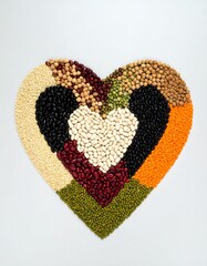 Heart-shaped arrangement of various beans and lentils