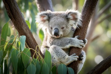 Obraz premium Sleepy koala clinging to eucalyptus tree in soft natural light with blurred forest background, peaceful wildlife moment captured in detail. Ai generative