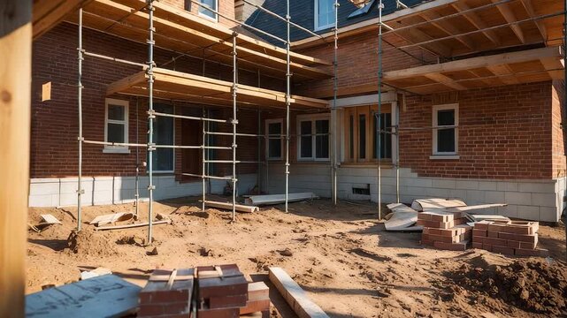 Brick house under construction with scaffolding, wooden framework, scattered building materials, and unfinished yard during residential development