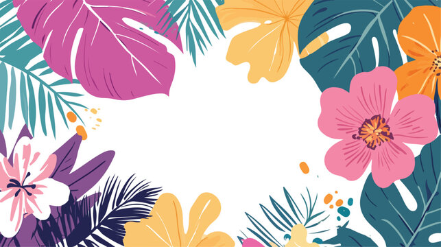 Vibrant tropical floral border with lush green leaves and copy space