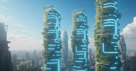 At sequence start three green towers pulsing neon ribbons above skyline blending nature and tech - Powered by Adobe