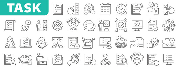 Task line icon set. Project, job, voting, workflow, checklist, poll, multitasking, decision and more. Editable stroke. Outline vector icon. Vector illustration