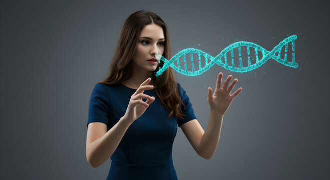 Woman interacts with holographic DNA strand. Genetic research and biotechnology concept. Scientific visualization for innovation and future. - Powered by Adobe